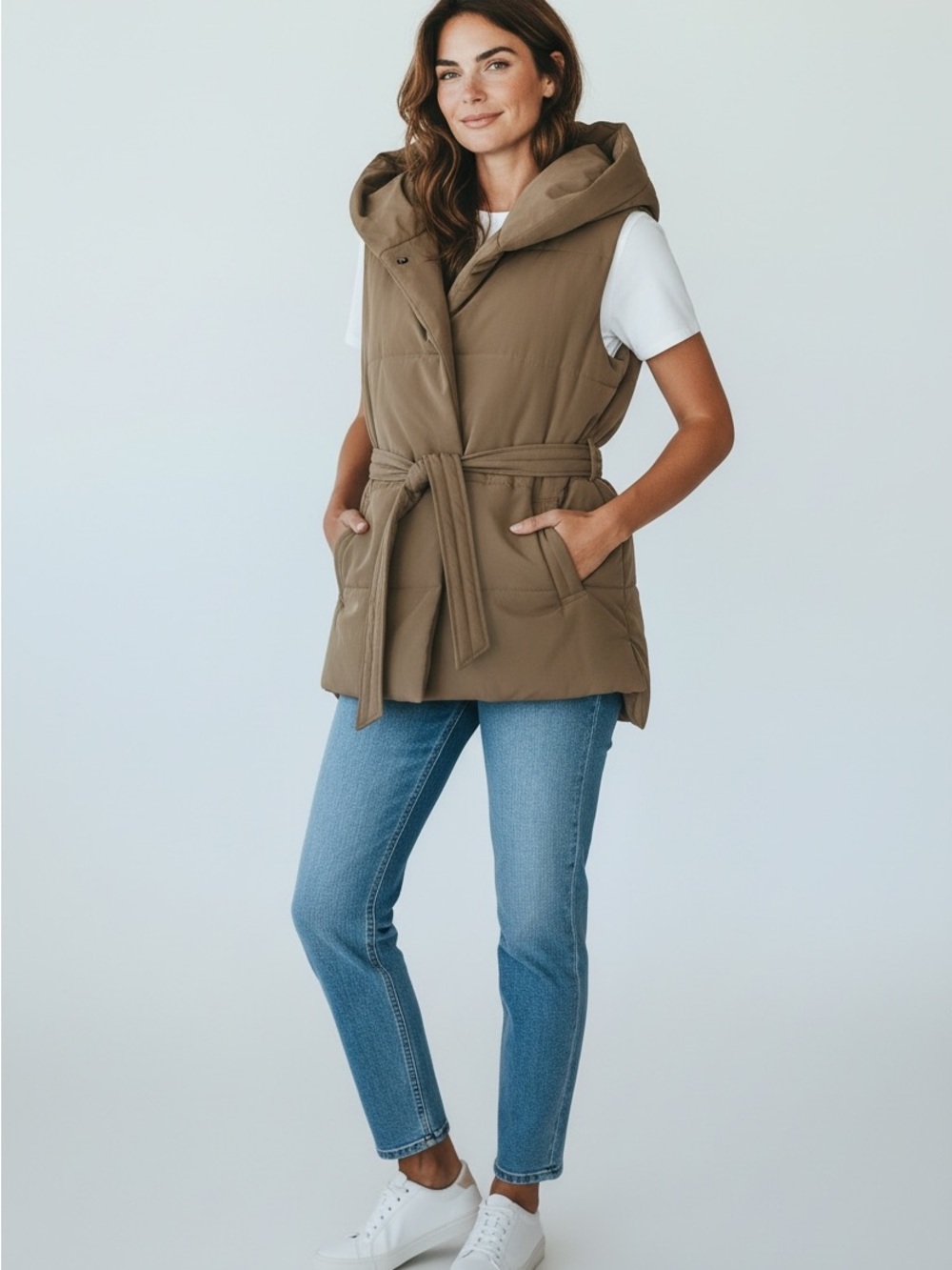 Cotton On Recycled Hooded Puffer Vest Chocolate Brown 2XS NWT Belted